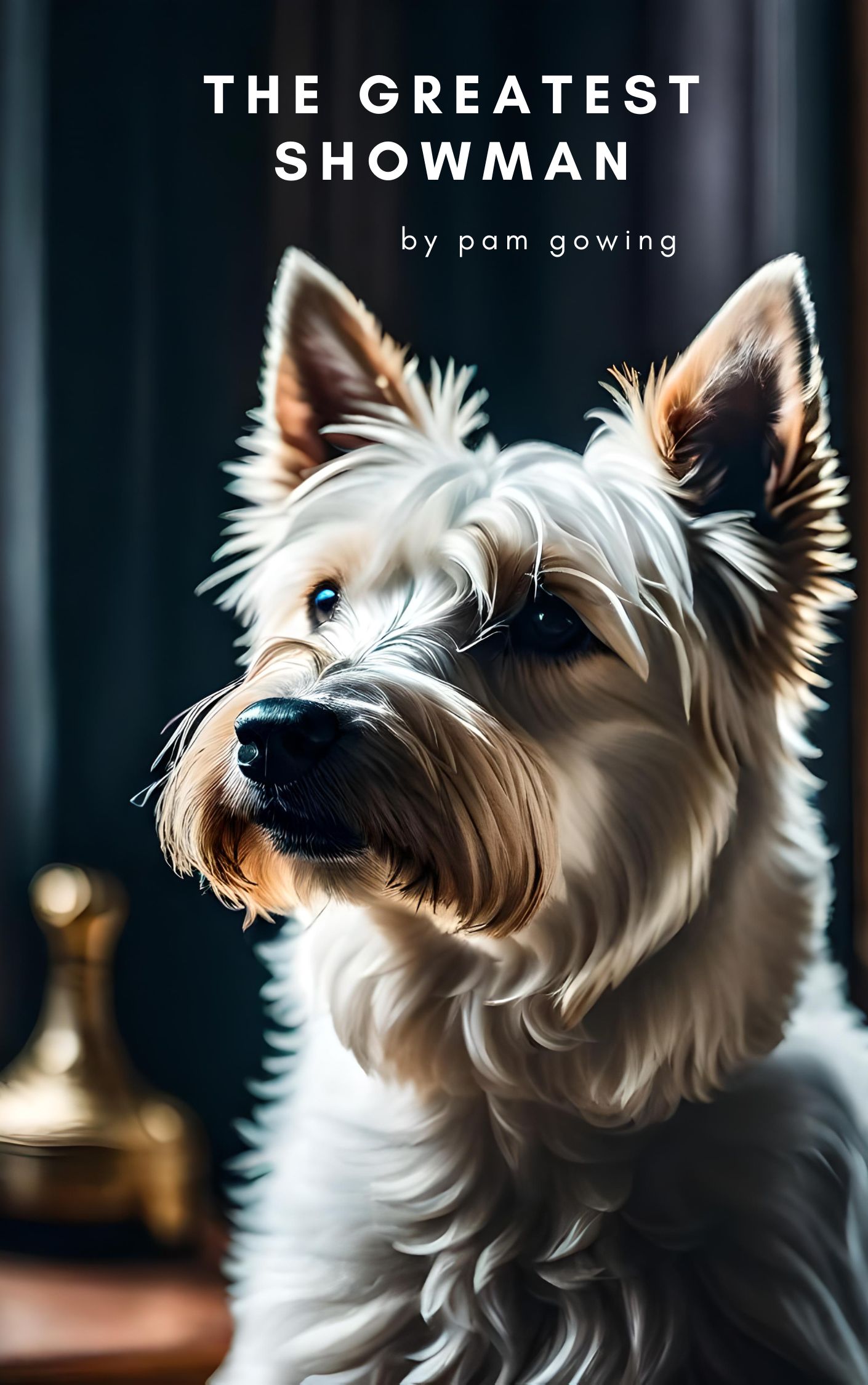 Book cover for The Greatetst Showman with a west highland terrier by Pam gowing