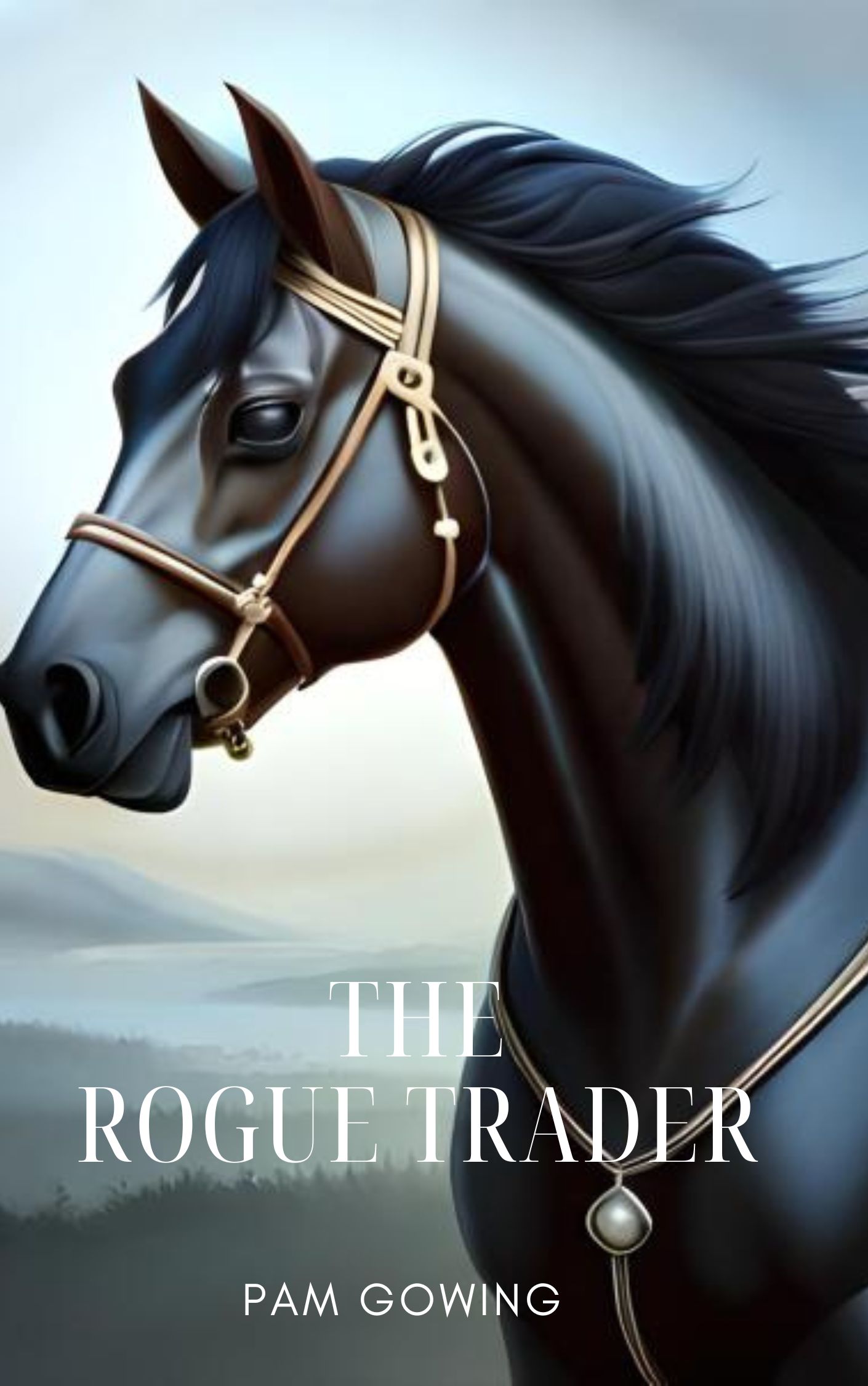 The Rogue Trader story cover. Beautiful side view of a black horse's head and torso.<br />
. Pam Gowing 