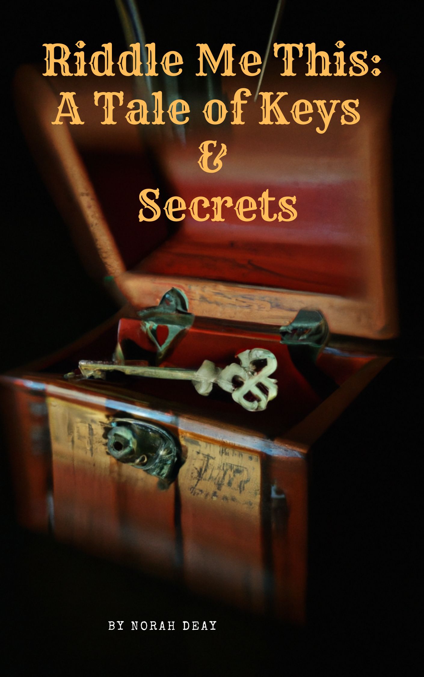 A wooden chest with a gold key. Riddle me this A tale of keys and secrets by Norah Deay