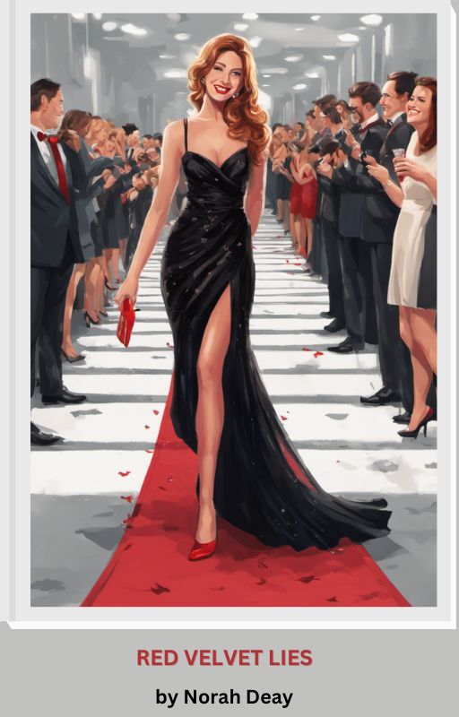 Beautiful woman in black evening dress and red stilettos walk strides along a red carpet with a big smile on her face.