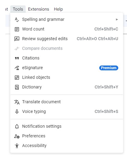 The Tools tab in Google Docs showing the AI tools available for users