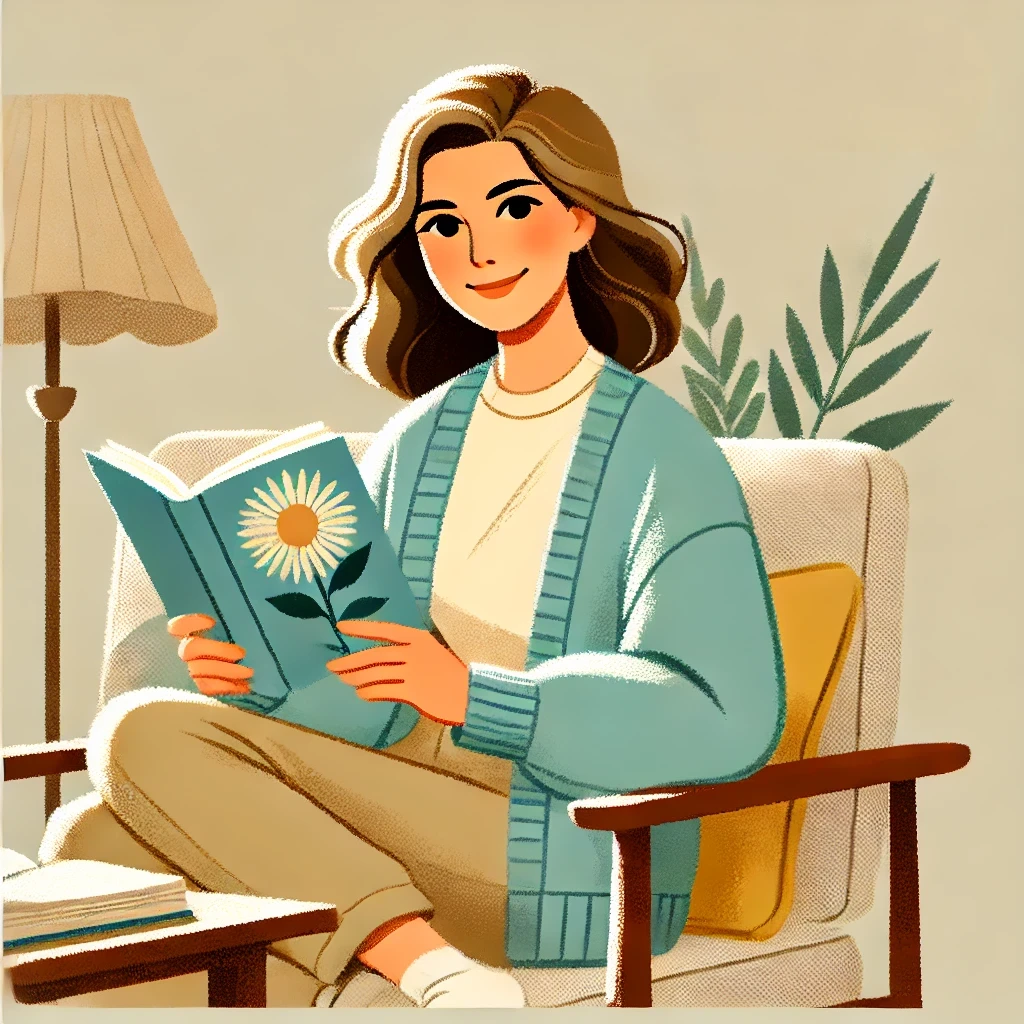 An everywoman avatar sits in a cosy chair reading a book